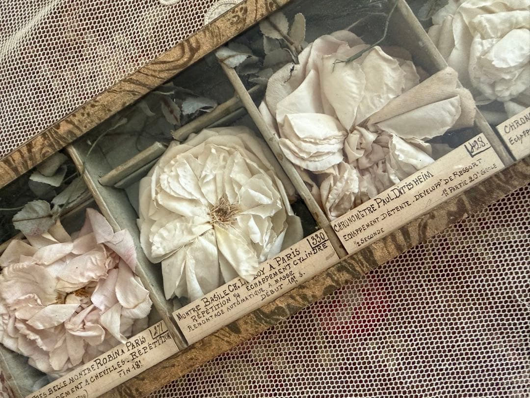 期間限定出品激レアフランスアンティーク布花サンプルガラスケース入り