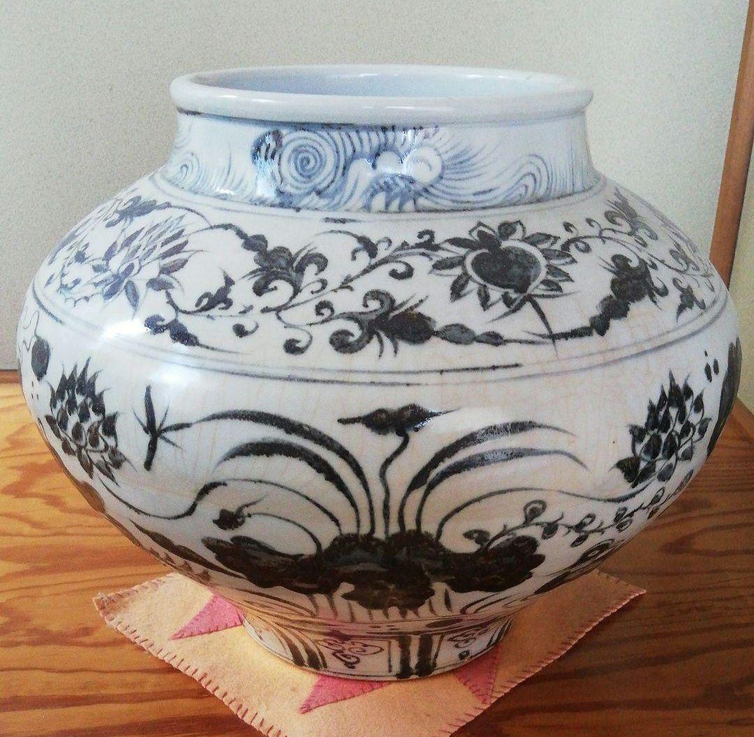 最終値下げ　中国骨董貴重陶芸　中国陶磁器を代表する元染付といわれる蓮と水鳥図大缶