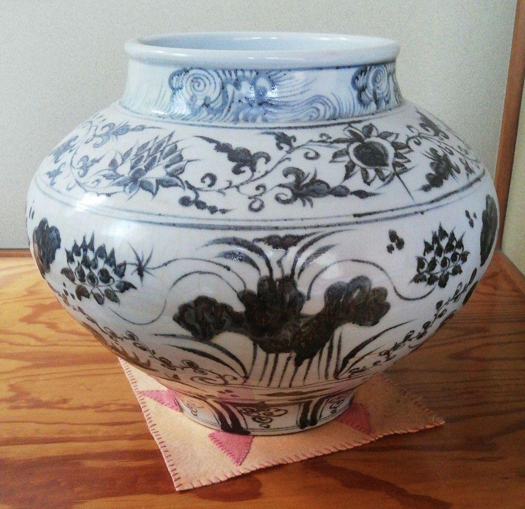 最終値下げ　中国骨董貴重陶芸　中国陶磁器を代表する元染付といわれる蓮と水鳥図大缶