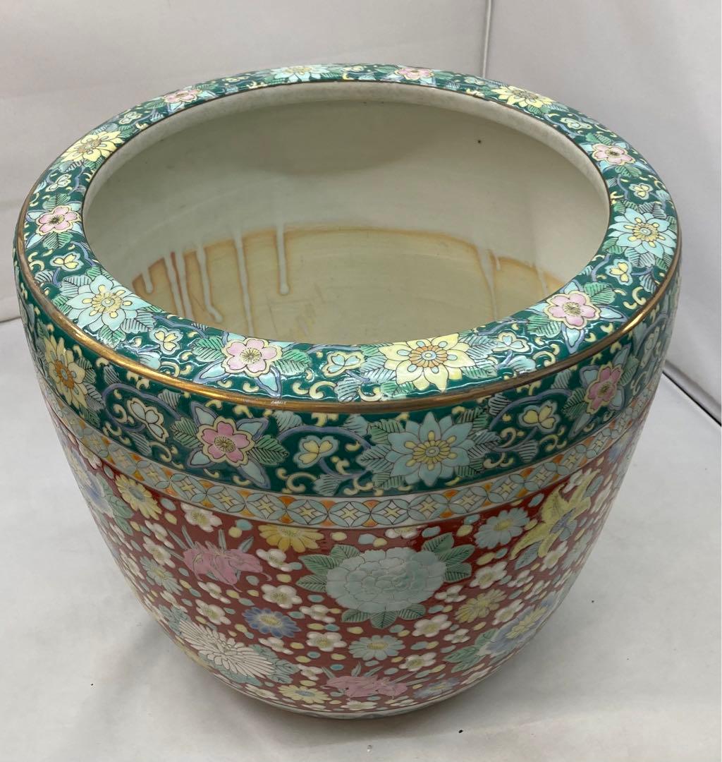 B182s  十錦手「花尽くし火鉢」菊・梅・牡丹　手焙り　鉢カバー　七宝繋文