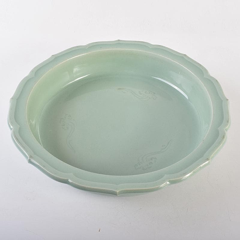 茶道具　京焼　初代宮永東山作　青磁八稜式瑞雲文　水盤　共箱　D　R7858B