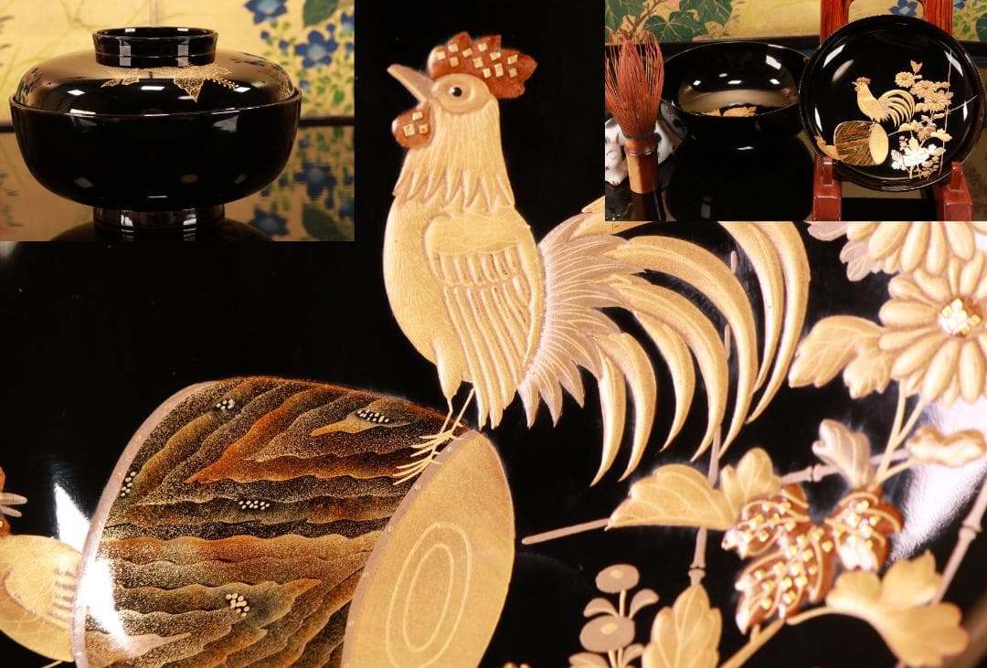 tatsuya　BJ133　時代輪島　加賀蒔絵　鶏図　吸物椀　十一客　木製