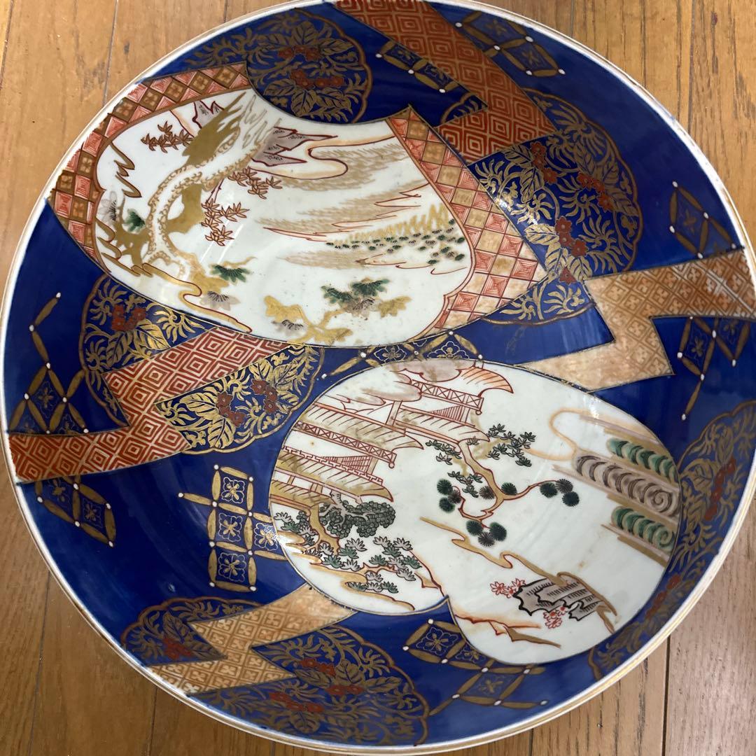 江戸、古伊万里、瑠璃、金彩窓絵、特大、楼閣山水図。無傷！