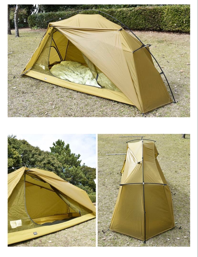 耐水性素材を使用したZerogramの山岳テントポール式設営で簡単に設営可能。