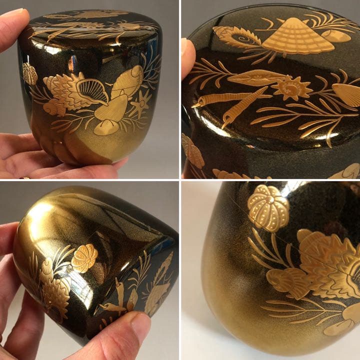 K678  配送料無料　金蒔絵棗　貝　松　木製　茶道具　漆器　内銀