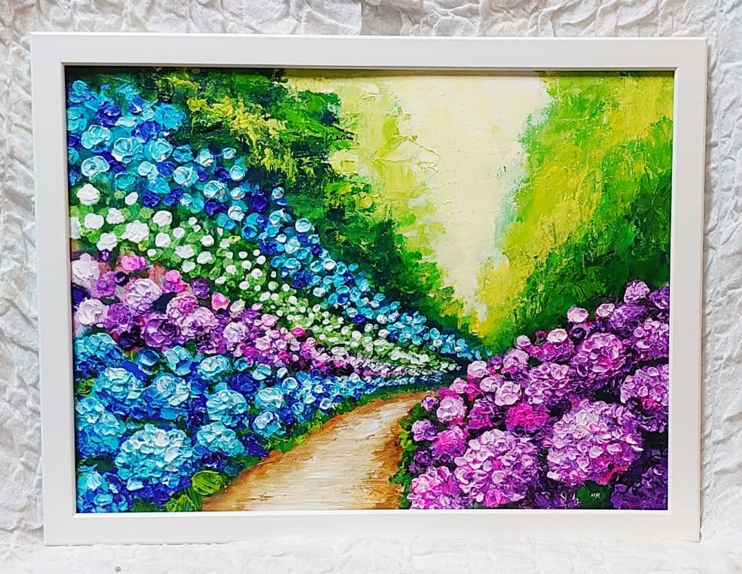油絵 絵画【あじさいの道】