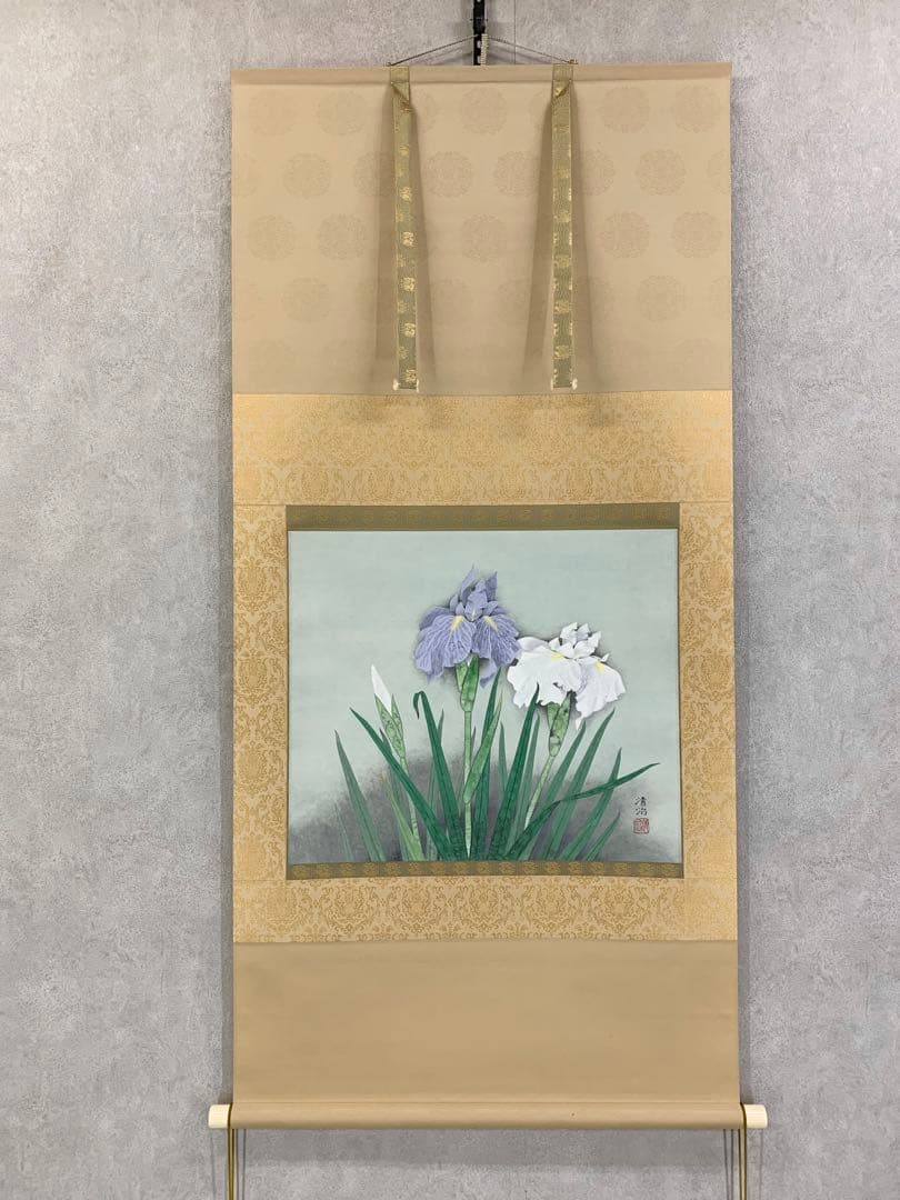 【掛軸】井上清治「菖蒲」共箱 太巻 二重箱仕立て