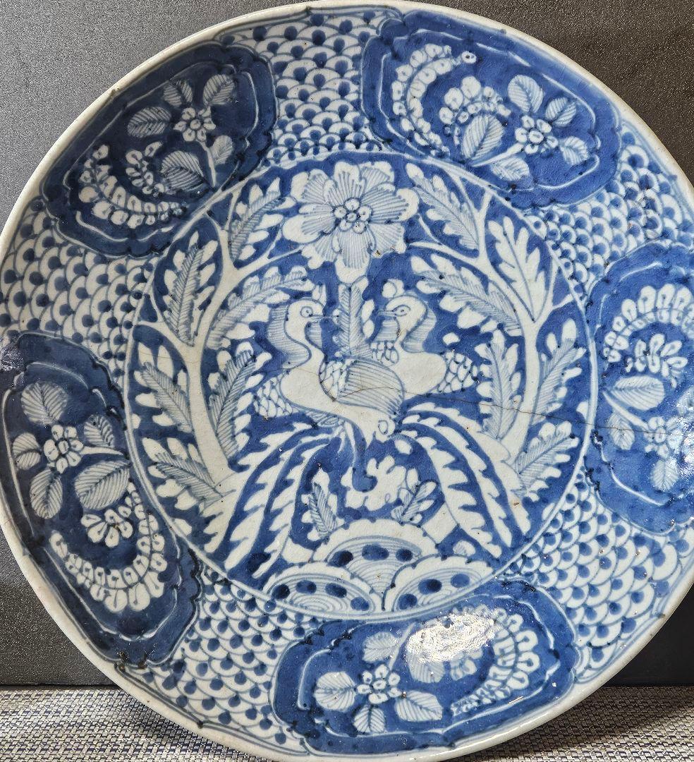 中国古陶磁　明代　17世紀前期　双鳳凰図　呉須鉢　古染付　大皿　大鉢33.3cm