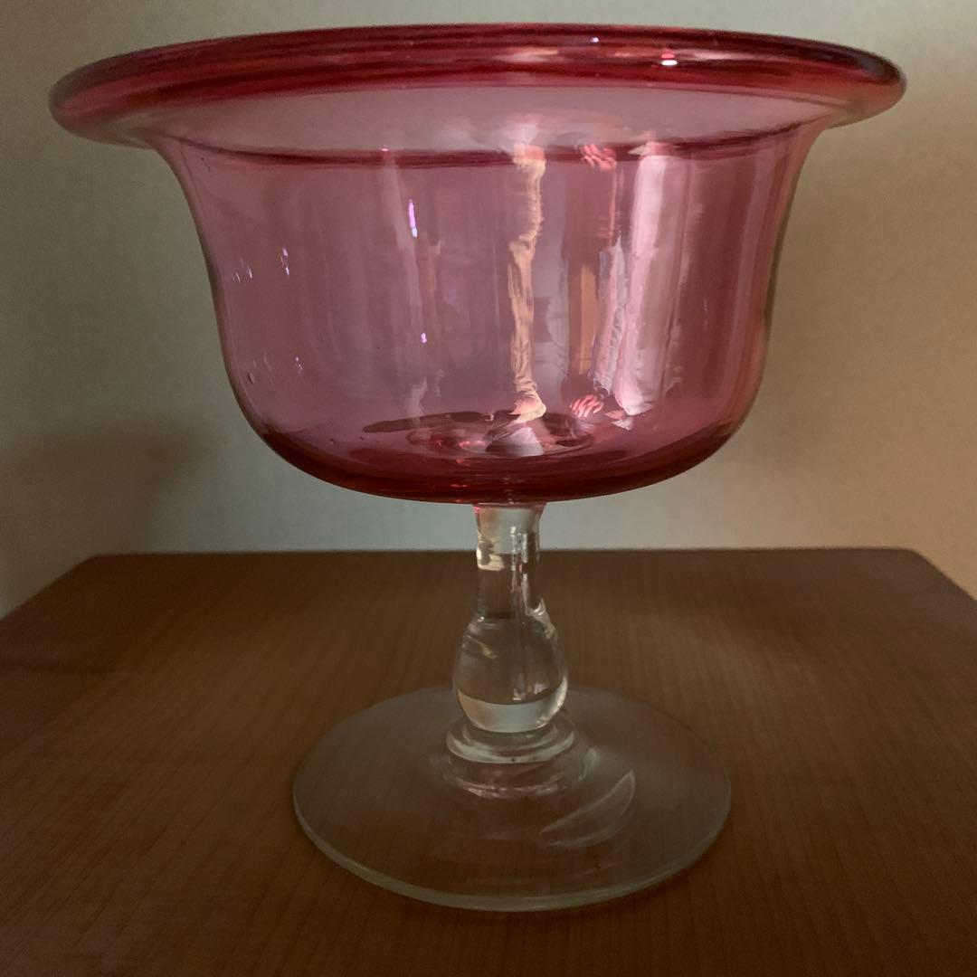 金赤ガラス脚付きコンポート　時代物