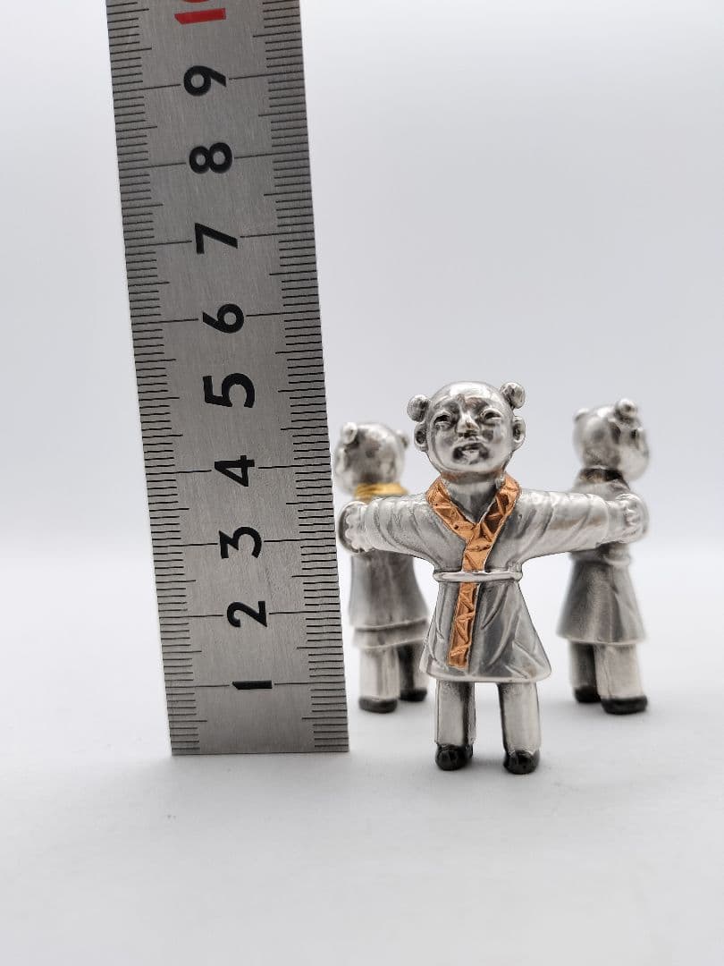 c640 蓋置 銀仕上 三つ人形 金谷浄雲 木箱 茶道具 古物