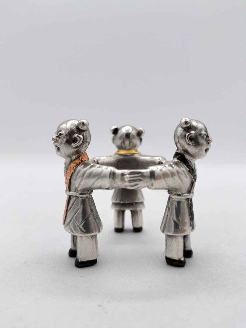 c640 蓋置 銀仕上 三つ人形 金谷浄雲 木箱 茶道具 古物