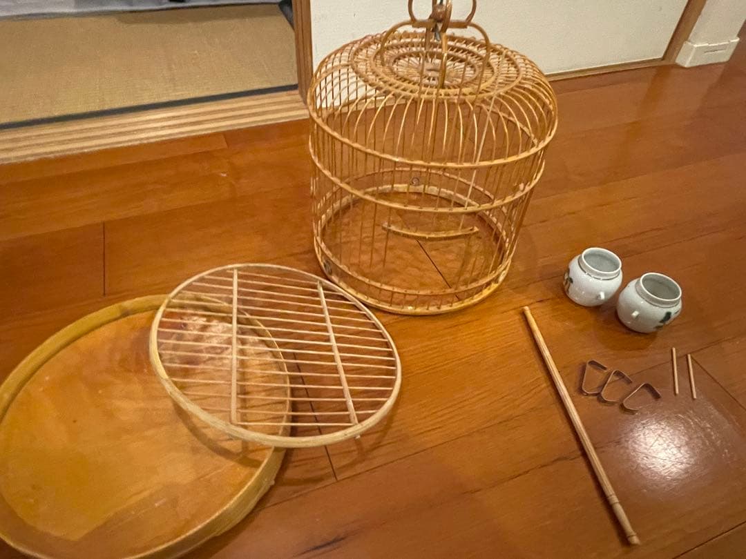 希少❗️竹製 中型鳥かご 陶器水入れ付き