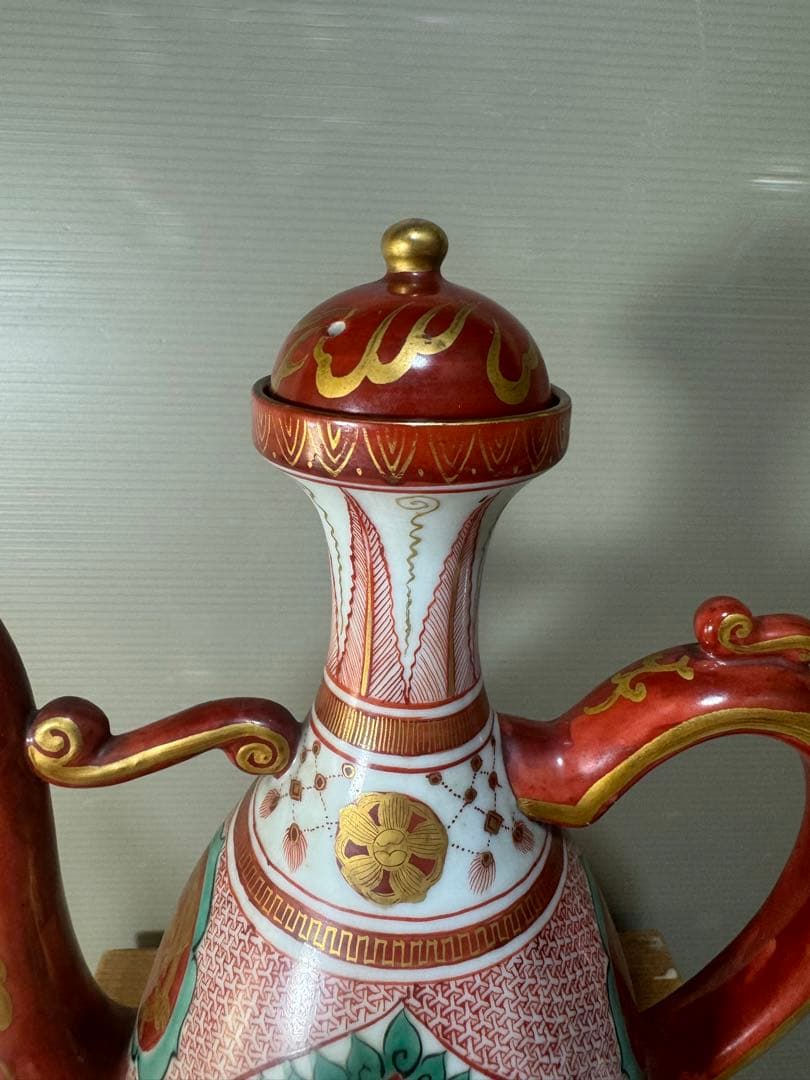 2642 九谷焼 角福　赤絵 金蘭手 仙盞瓶　酒器　時代物