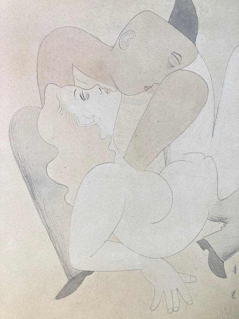 【真作保証】東郷青児「男と女」水彩画 直筆サイン 鑑定書有り 裸婦 絵画