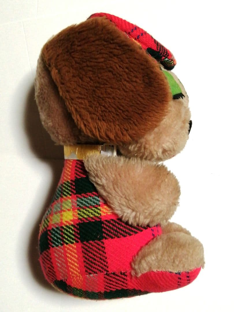 【昭和レトロ】吉徳　犬のぬいぐるみ 赤と黒のチェック柄　約25cm