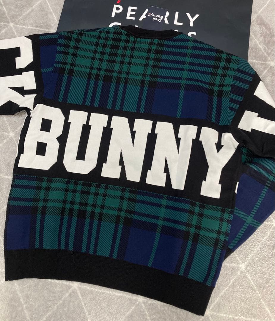 新品 パーリーゲイツ ジャックバニー チェック切替 Wジャガード ニット5L緑