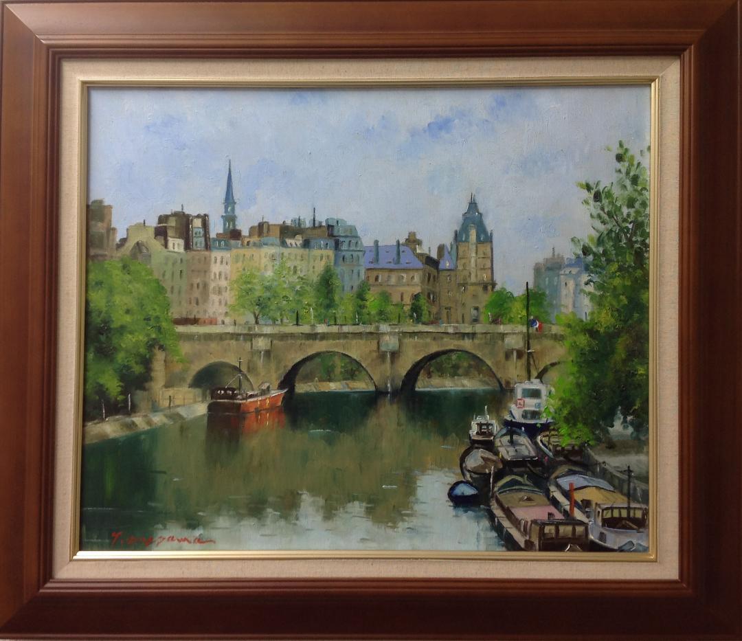 絵画 梅沢民雄 肉筆油絵 風景画 水辺 パリ セーヌ河