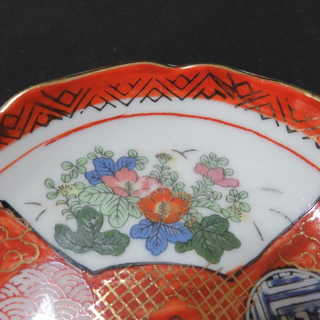 九谷 小皿 5枚 色絵付 金彩 手塩皿 銘々皿 仙人 鶴 明治