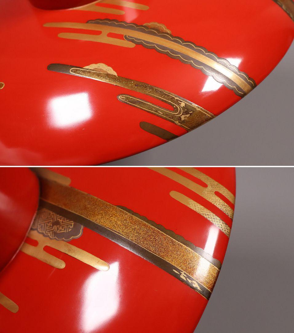 【MA806】時代 加賀蒔絵 日の出鶴 竹 金蒔絵 大盃・盃台 木製漆器 杯