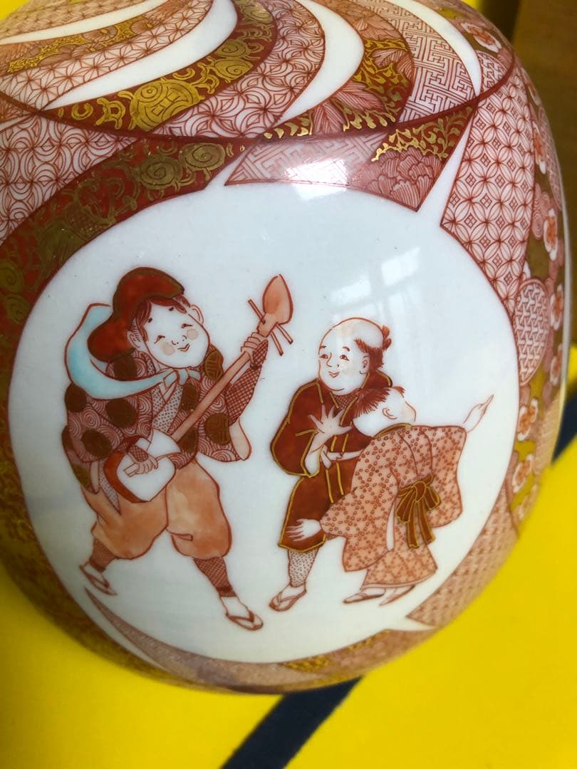 福島武山　九谷佐野窯　赤絵江戸まつり之図　飾り壺　赤絵細描