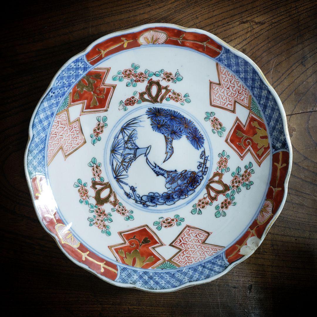 皿 古伊万里 明治 大正 色絵付 金彩 松竹梅 梅 花唐草 訳あり 欠け