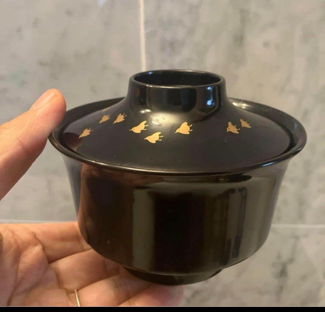 明治時代　金彩の絢爛豪華な千鳥や松、形が美しい木製輪島漆塗りお椀2客