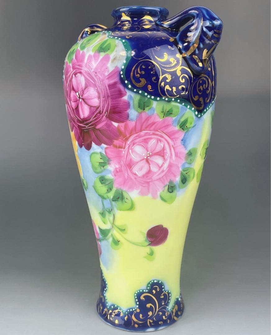 【希少】オールドニッポン 約２２．５cm アールヌーボー薔薇紋金盛りコバルト花瓶