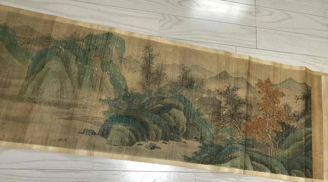 愛新覺羅永溶 作 【茅亭綠陰】 青綠山水畫卷 肉筆真作(S-3)