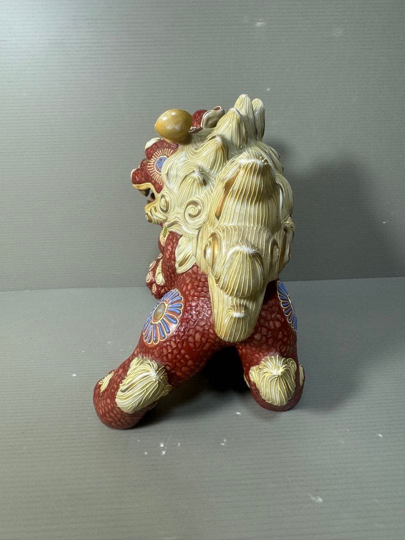2494 九谷焼 玉乗り獅子 狛犬 シーサー 置物 開運 魔除け 縁起物 骨董品