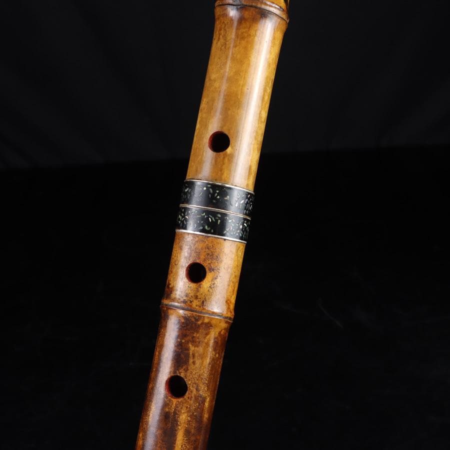 Y3273-5 琴古流 尺八 隆風銘 銀三線 螺鈿細工 全長61.5㎝ 竹製