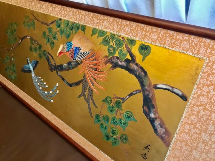花街のお持ち物　枝木と鳳凰　138.5cmワイド　木枠　唐朝