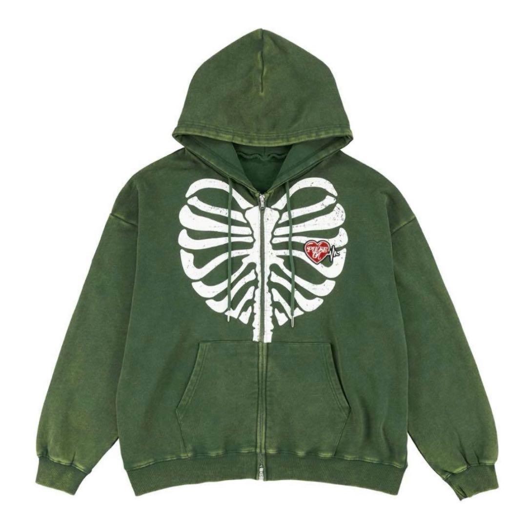 TREASURE パーカー PULSE ON ジップアップフーディー　カーキ