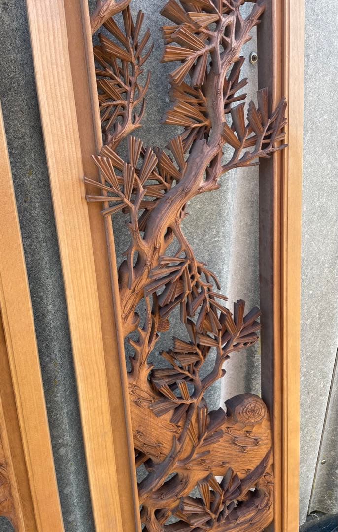 稀少/井波彫刻/栄二郎 刀/細密彫刻/両面彫刻/彫刻欄間/欄間/木彫/一対/2枚