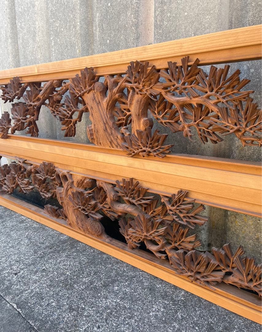 稀少/井波彫刻/栄二郎 刀/細密彫刻/両面彫刻/彫刻欄間/欄間/木彫/一対/2枚