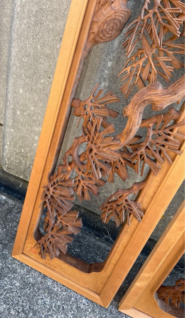 稀少/井波彫刻/栄二郎 刀/細密彫刻/両面彫刻/彫刻欄間/欄間/木彫/一対/2枚