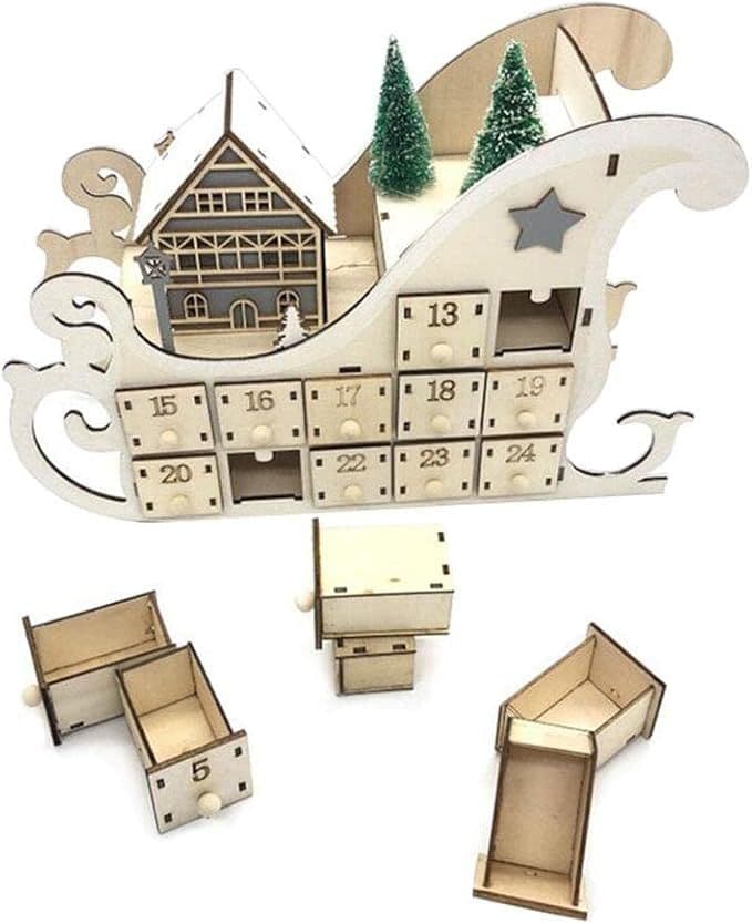 クリスマス アドベントカレンダー18セット 木製 そり LEDライト付き