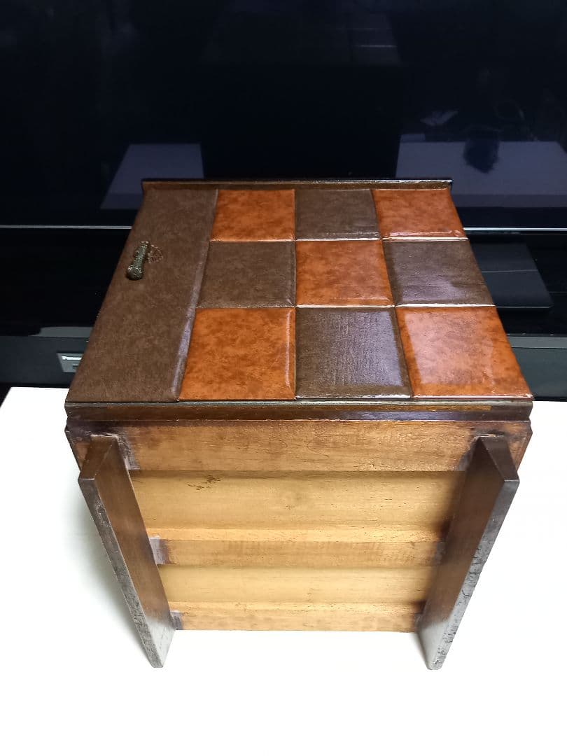 1970's　チェッカー　ブロック　デザイン　ウッド　レコード　キャビネット