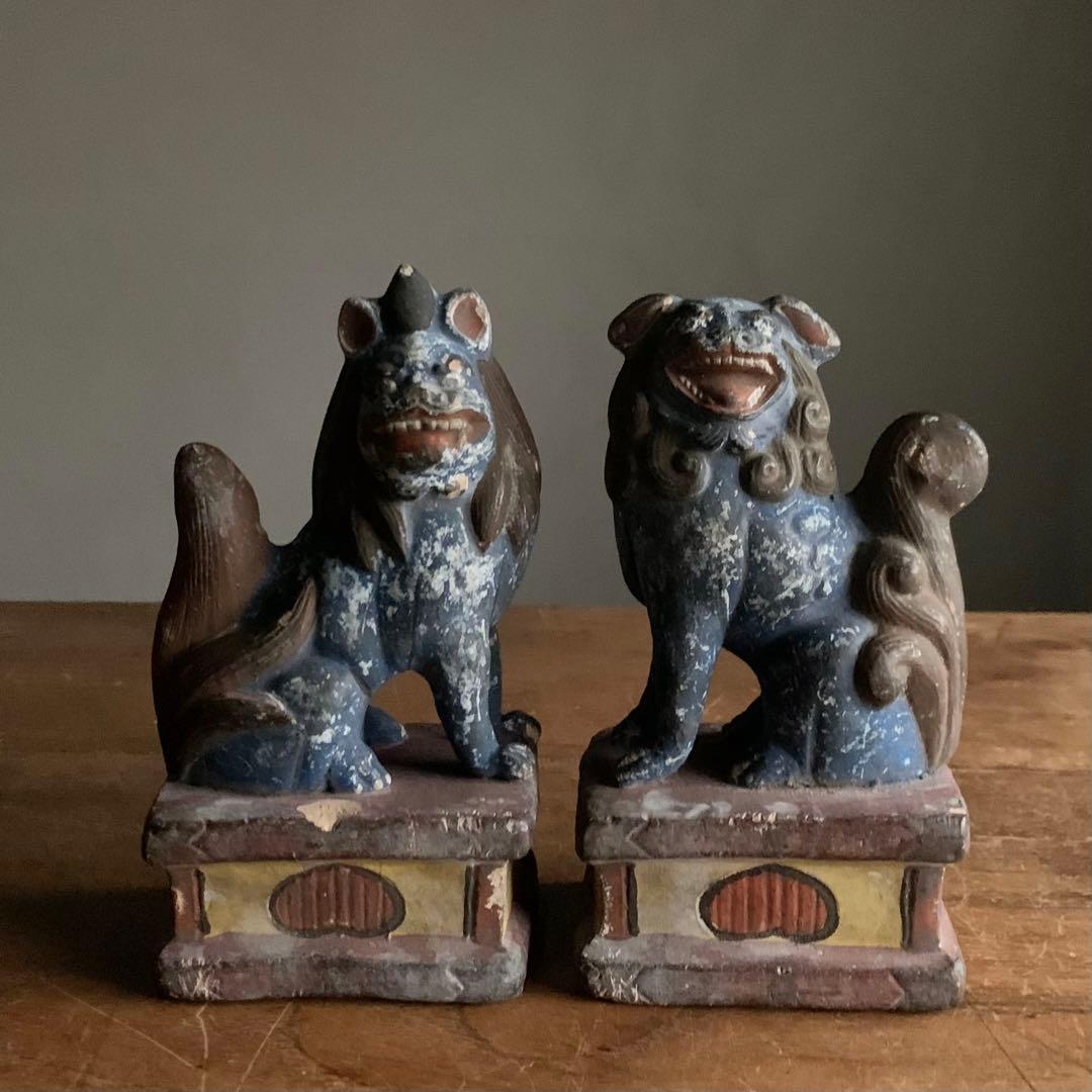 獅子と狛犬 陶人形 古美術 古道具 アンティーク 獅子 狛犬
