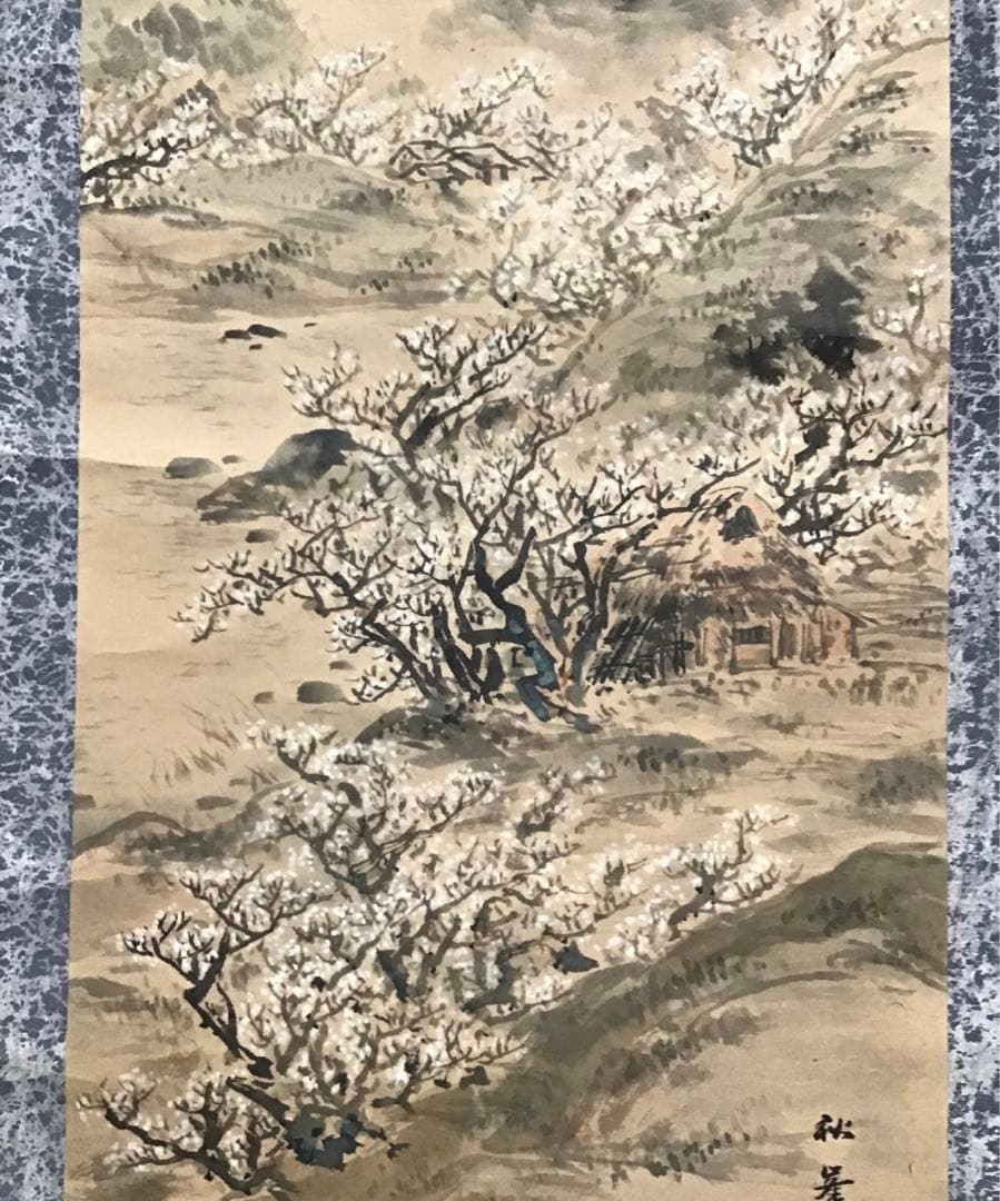 K茶道具　掛軸　奈良の名勝「月瀬春景(梅花)圖」　秋峯作　自作桐箱　S205KJ