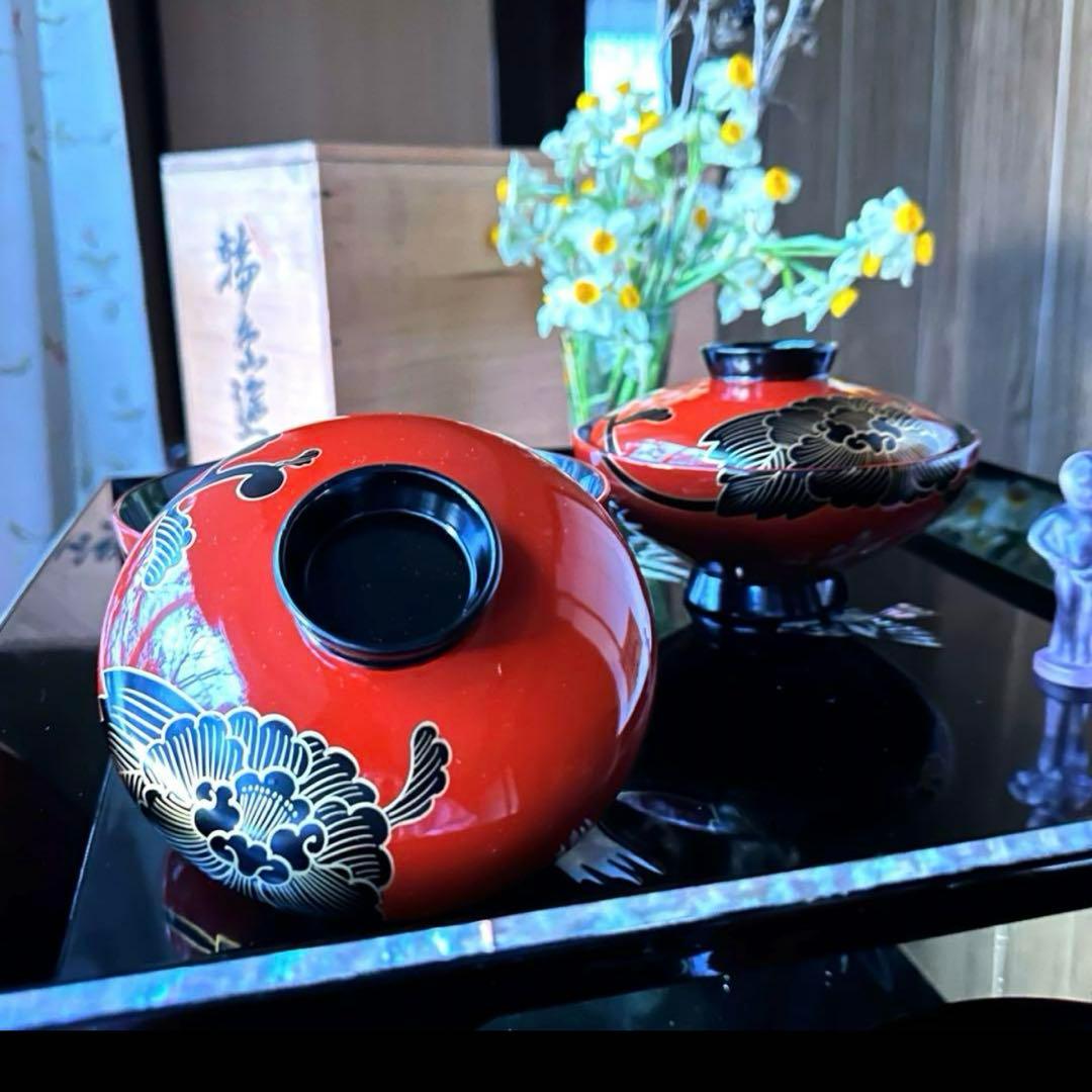 2177様感謝‼️緋牡丹お竜JAPAN 輪島蒔絵牡丹洗朱❌黒独楽吸物椀5客