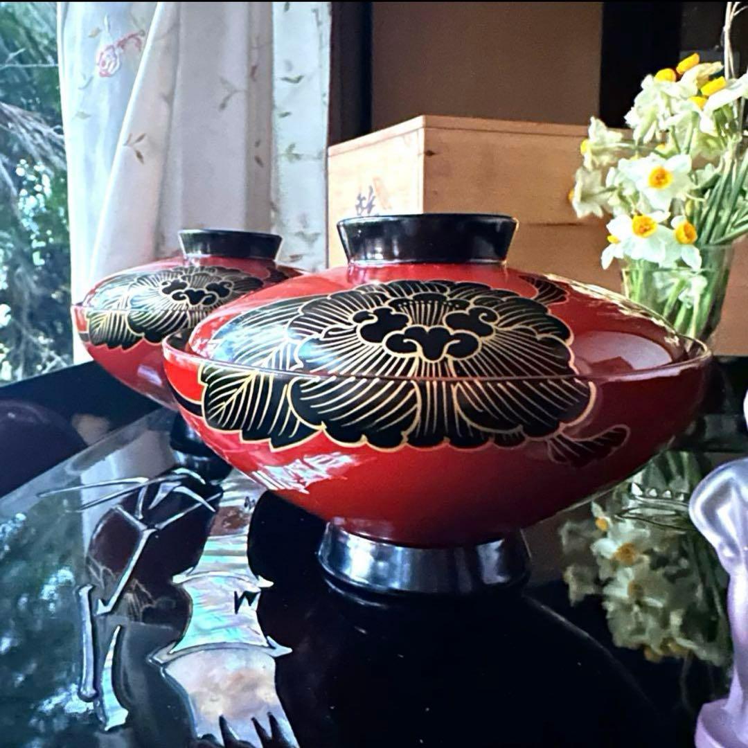 2177様感謝‼️緋牡丹お竜JAPAN 輪島蒔絵牡丹洗朱❌黒独楽吸物椀5客