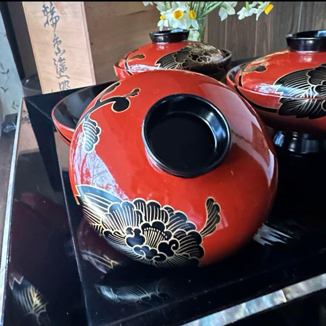 2177様感謝‼️緋牡丹お竜JAPAN 輪島蒔絵牡丹洗朱❌黒独楽吸物椀5客