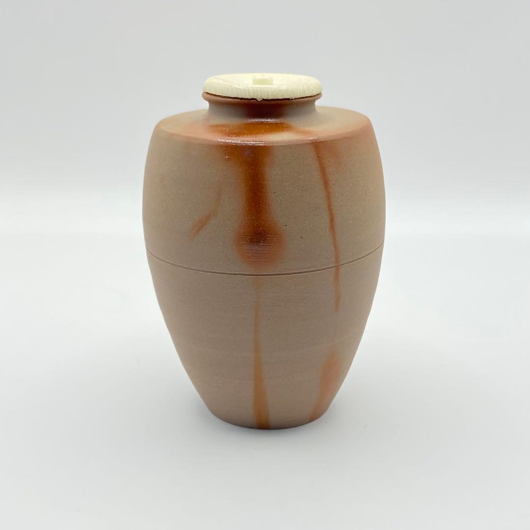 肩衝茶入 備前焼 火襷　木村陶峰　共箱入　茶道具　濃茶器　仕覆:唐松緞子　古美術