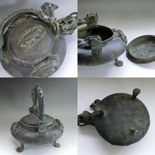 鉄瓶■蠍紋 龍 古い時代物3つ足持ち手龍茶瓶 急須 水差し古玩 唐物 骨董■