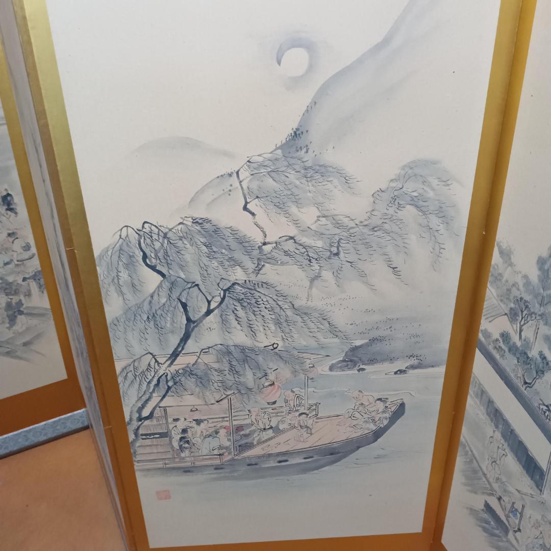江戸時代風俗図　水墨画＆金屏風セット(175x60cm)X六曲X３枚