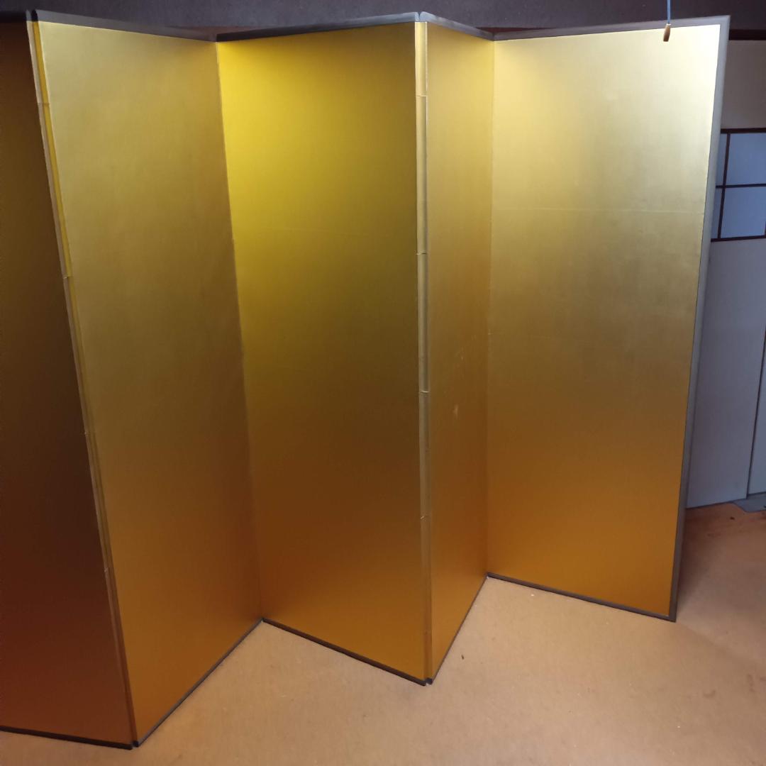 江戸時代風俗図　水墨画＆金屏風セット(175x60cm)X六曲X３枚