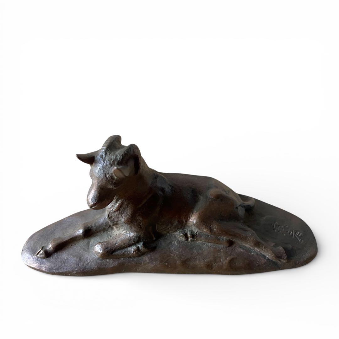 【希少】宮地寅彦 銅 ブロンズ 山羊 文鎮 書道具 共箱 在銘 置物 オブジェ