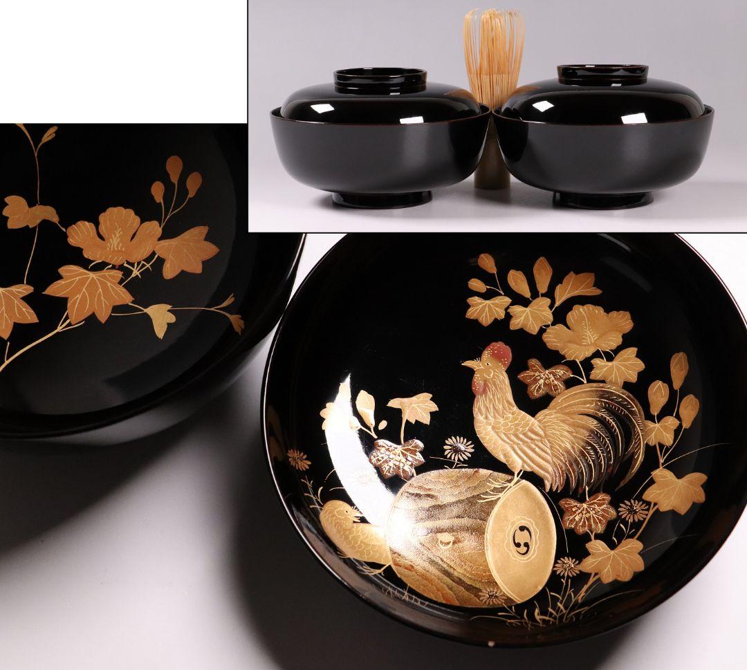 CL31 輪島塗 諫鼓鶏金蒔絵 黒塗椀 二客 木製漆器 鶏 太鼓 草花 梨地