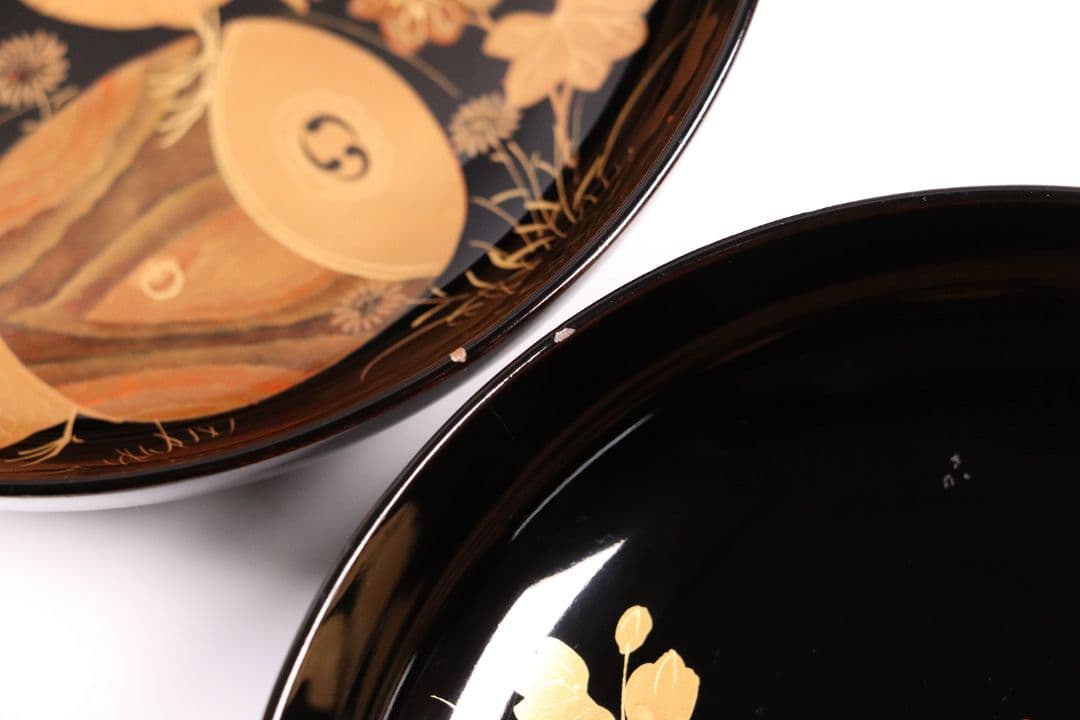 CL31 輪島塗 諫鼓鶏金蒔絵 黒塗椀 二客 木製漆器 鶏 太鼓 草花 梨地