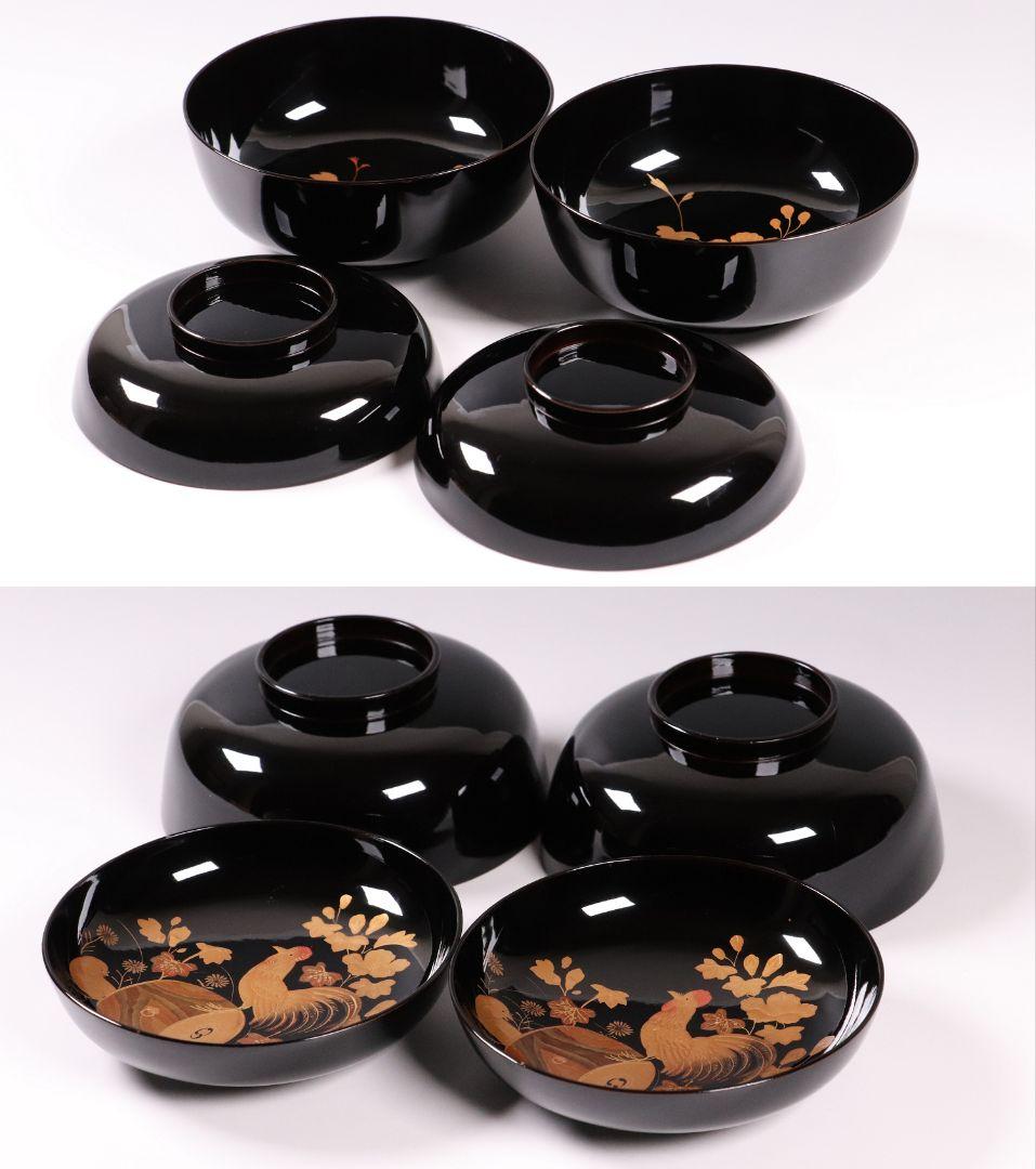 CL31 輪島塗 諫鼓鶏金蒔絵 黒塗椀 二客 木製漆器 鶏 太鼓 草花 梨地